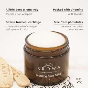 Krowa Morning Face Balm - Clean Grass Fed Tallow Balm w/Essential Oils + Collagen Peptides - Nourishing, Soothing, Hydrating and Adds Vitality to Skin. Deeply Renews. No Phthalates or Preservatives.