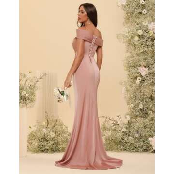 TIRAS Elegant Satin Mermaid Bridesmaid Dresses for Women 2025 Long Pleated Off Shoulder Evening Prom Dresses with Slit Hot Pink 00