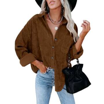 ZOLUCKY Womens Button Down Cream Shacket Long Sleeve Oversized Boyfriend Blouses Tops Casual Corduroy Shacket Jacket, Brown 3XL