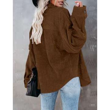 ZOLUCKY Womens Button Down Cream Shacket Long Sleeve Oversized Boyfriend Blouses Tops Casual Corduroy Shacket Jacket, Brown 3XL