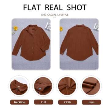ZOLUCKY Womens Button Down Cream Shacket Long Sleeve Oversized Boyfriend Blouses Tops Casual Corduroy Shacket Jacket, Brown 3XL