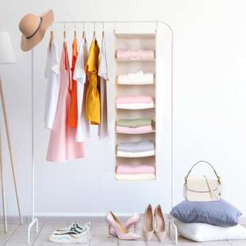 MAX Houser 6 Tier Shelf Hanging Closet Organizer, Cloth Hanging Shelf with 2 Sturdy Hooks for Storage, Foldable (Beige)