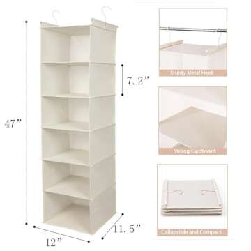 MAX Houser 6 Tier Shelf Hanging Closet Organizer, Cloth Hanging Shelf with 2 Sturdy Hooks for Storage, Foldable (Beige)