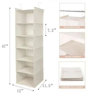 MAX Houser 6 Tier Shelf Hanging Closet Organizer, Cloth Hanging Shelf with 2 Sturdy Hooks for Storage, Foldable (Beige)