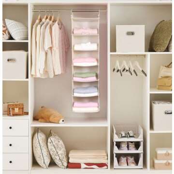 MAX Houser 6 Tier Shelf Hanging Closet Organizer, Cloth Hanging Shelf with 2 Sturdy Hooks for Storage, Foldable (Beige)