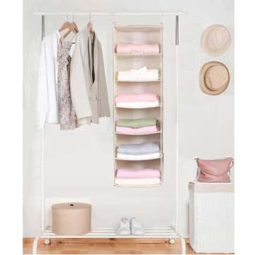 MAX Houser 6 Tier Shelf Hanging Closet Organizer, Cloth Hanging Shelf with 2 Sturdy Hooks for Storage, Foldable (Beige)