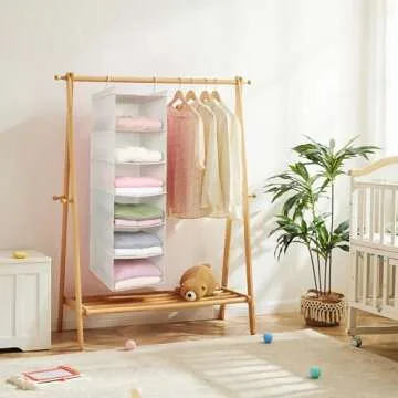 MAX Houser 6 Tier Shelf Hanging Closet Organizer, Cloth Hanging Shelf with 2 Sturdy Hooks for Storage, Foldable (Beige)