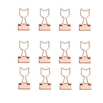 Cat Binder Clips,Rose Gold Cute Metal Binder Clips with Cat Shaped 3/4-Inch Small Office Supplies for Cat Lovers Decor (12Pcs)