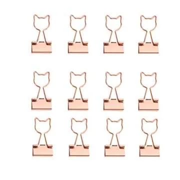 Cat Binder Clips,Rose Gold Cute Metal Binder Clips with Cat Shaped 3/4-Inch Small Office Supplies for Cat Lovers Decor (12Pcs)