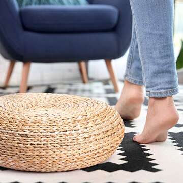 Natural Rattan Stool Ottoman - Outdoor Room Decor - Handwoven Banana Leaves Decorative Foot Rest - Round Pillow 18 inches - Gift for Women, Housewarming Summer Japanese Style Present for Her