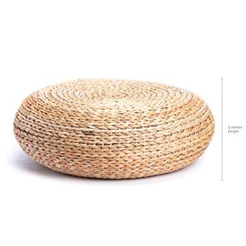 Natural Rattan Stool Ottoman - Outdoor Room Decor - Handwoven Banana Leaves Decorative Foot Rest - Round Pillow 18 inches - Gift for Women, Housewarming Summer Japanese Style Present for Her