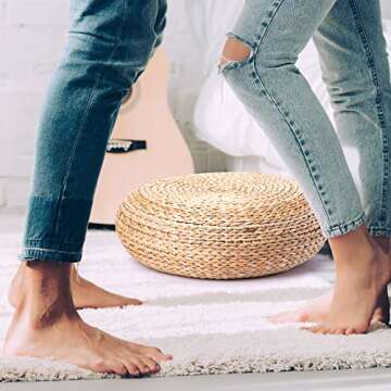 Natural Rattan Stool Ottoman - Outdoor Room Decor - Handwoven Banana Leaves Decorative Foot Rest - Round Pillow 18 inches - Gift for Women, Housewarming Summer Japanese Style Present for Her