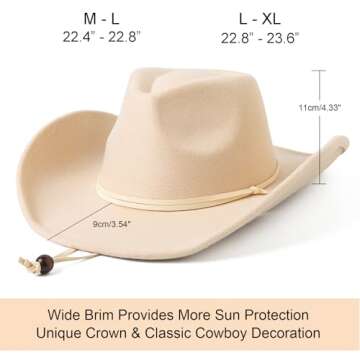 Lanzom Women Men Retro Felt Wide Brim Western Cowboy Cowgirl Hat Dress Up Hat with Wind Lanyard (Beige,Medium)