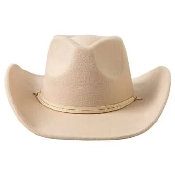 Lanzom Women Men Retro Felt Wide Brim Western Cowboy Cowgirl Hat Dress Up Hat with Wind Lanyard (Beige,Medium)