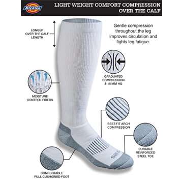 Dickies Men's Light Compression Comfort Over-The-Calf Socks, Available in M-XXL (2, 4, White (2 Pairs), Shoe Size: 6-12