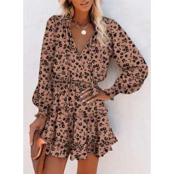 Dokotoo Boho Dresses for Women 2025 Cute Sexy Deep V Neck Ruffle Chiffon Floral Print Lantern Long Sleeve Elegant Empire Waist Flowy Mini Short Skirt Party Casual Spring Sun Dress for Vacation Medium