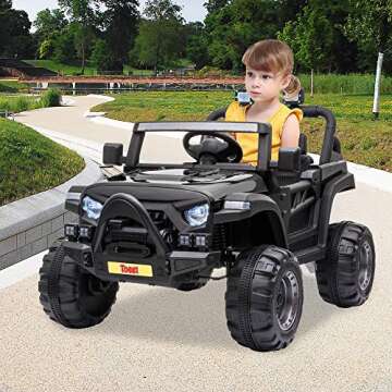 TOBBI 12v Kids Ride On Truck with Remote Control, Battery Powered Ride on Toy Car w/Music, MP3, Safety Belt, Black