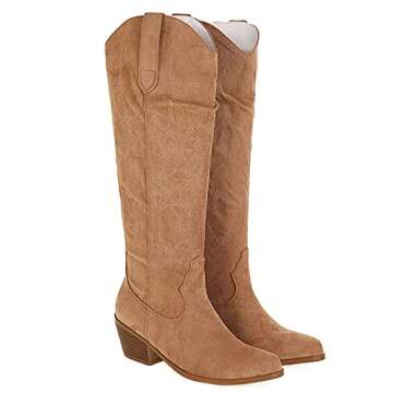 Erocalli Cowboy Boots for Women Embroidered Pull-On Chunky Stacked Heel Cowgirl Knee High Western Boots