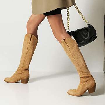 Erocalli Cowboy Boots for Women Embroidered Pull-On Chunky Stacked Heel Cowgirl Knee High Western Boots