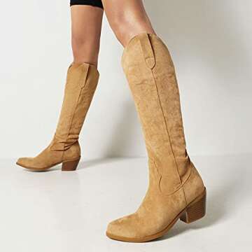 Erocalli Cowboy Boots for Women Embroidered Pull-On Chunky Stacked Heel Cowgirl Knee High Western Boots