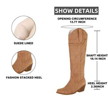 Erocalli Cowboy Boots for Women Embroidered Pull-On Chunky Stacked Heel Cowgirl Knee High Western Boots