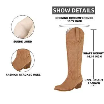 Erocalli Cowboy Boots for Women Embroidered Pull-On Chunky Stacked Heel Cowgirl Knee High Western Boots