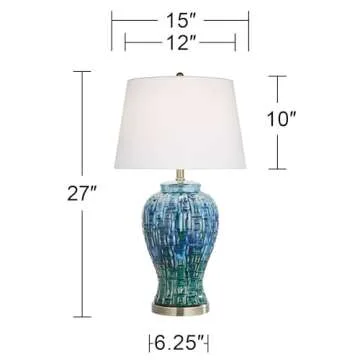 Possini Euro Design Asian Modern Table Lamp 27" Tall Teal Glaze Textured Ceramic Temple Jar White Tapered Drum Shade for Bedroom Living Room House Home Bedside Nightstand Office Entryway Family
