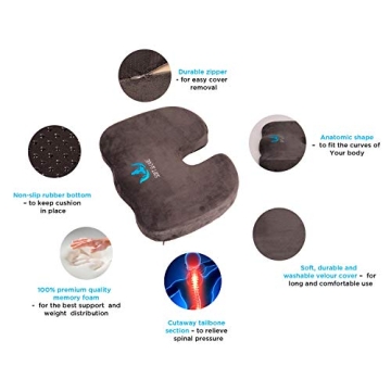 SOFTaCARE Seat Cushion Coccyx Orthopedic Memory Foam and Lumbar Support Pillow, Set of 2, Dark Grey (Grey, 2 pcs)