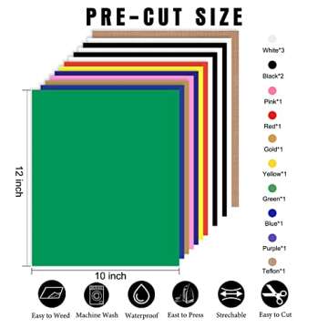 XSEINO HTV Heat Transfer Vinyl for T-Shirts 12"x10" -13Pack Perfect Iron On Vinyl for Cricut, Silhouette Cameo or Heat Press Machine - 9 Assorted Colors Iron on Vinyl(Total 12in*10ft)