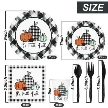 Whaline 175Pcs Fall Thanksgiving Tableware Set Buffalo Plaids Pumpkin Disposable Dinnerware Set 50Pc...