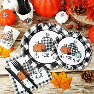 Whaline 175Pcs Fall Thanksgiving Tableware Set Buffalo Plaids Pumpkin Disposable Dinnerware Set 50Pcs Paper Plates 25Pcs Napkins Paper Cup Fork Knife Spoon for Autumn Thanksgiving Table Supplies