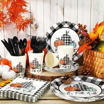 Whaline 175Pcs Fall Thanksgiving Tableware Set Buffalo Plaids Pumpkin Disposable Dinnerware Set 50Pcs Paper Plates 25Pcs Napkins Paper Cup Fork Knife Spoon for Autumn Thanksgiving Table Supplies