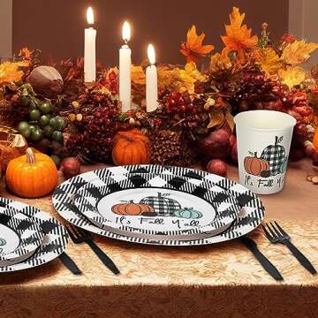 Whaline 175Pcs Fall Thanksgiving Tableware Set Buffalo Plaids Pumpkin Disposable Dinnerware Set 50Pcs Paper Plates 25Pcs Napkins Paper Cup Fork Knife Spoon for Autumn Thanksgiving Table Supplies