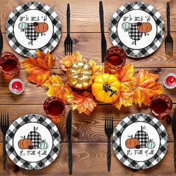 Whaline 175Pcs Fall Thanksgiving Tableware Set Buffalo Plaids Pumpkin Disposable Dinnerware Set 50Pcs Paper Plates 25Pcs Napkins Paper Cup Fork Knife Spoon for Autumn Thanksgiving Table Supplies