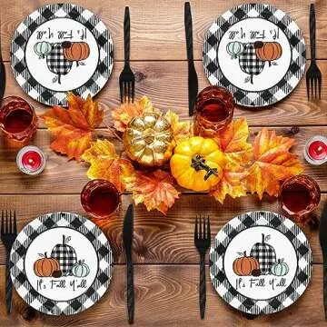 Whaline 175Pcs Fall Thanksgiving Tableware Set Buffalo Plaids Pumpkin Disposable Dinnerware Set 50Pcs Paper Plates 25Pcs Napkins Paper Cup Fork Knife Spoon for Autumn Thanksgiving Table Supplies