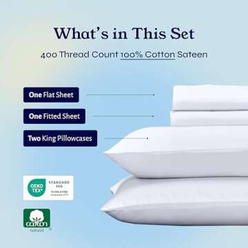 California Design Den King Size Sheets Set - Soft 400 Thread Count Sateen, 100% Cotton Sheets King Size, Deep Pockets with All Around Elastic for a, Cool & Durable Bedding Set - White