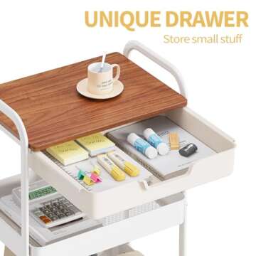 TOOLF 3-Tier Metal Utility Rolling Cart with Drawer & Wooden Table Top, Storage Cart White Trolley Kitchen Organizer Rolling Desk with Locking Wheels for Office, Classroom, Dorm, Bedroom