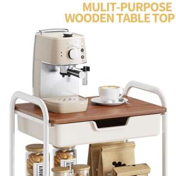 TOOLF 3-Tier Metal Utility Rolling Cart with Drawer & Wooden Table Top, Storage Cart White Trolley Kitchen Organizer Rolling Desk with Locking Wheels for Office, Classroom, Dorm, Bedroom
