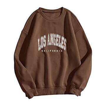 SAFRISIOR Women Oversized Los Angeles California Letter Print Graphic Fleece Sweatshirt Crewneck Lon...