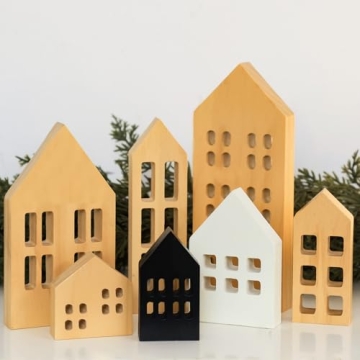 Menkxi 7 Pcs Wooden Houses for Christmas Decor
