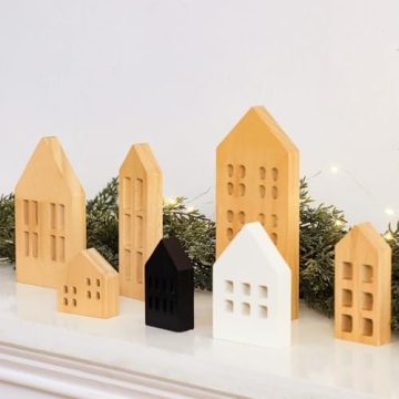 Menkxi 7 Pcs Wooden Houses for Christmas Decor