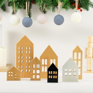 Menkxi 7 Pcs Wooden Houses for Christmas Decor