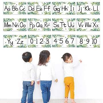 12 Pieces Alphabet Bulletin Board Strips Set Greenery Alphabet Line ABC Alphabet Banner & Number Border Posters for Preschool Kindergarten Classroom Bedroom Playroom (Eucalyptus)