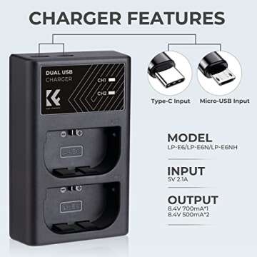 K&F Concept LP-E6/LP-E6N/LP-E6NH Battery Charger, Dual Slot Type-C/Micro USB Charger for Canon EOS R5, R6, R, EOS 5D Mark IV, 5D Mark III, 5DS, 5DS R, 5D Mark II, 6D Camera