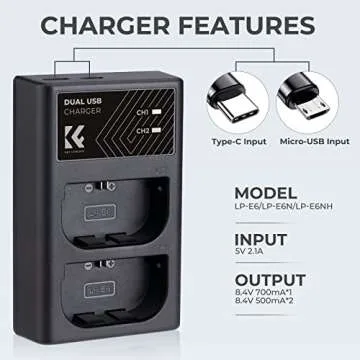 K&F Concept LP-E6/LP-E6N/LP-E6NH Battery Charger, Dual Slot Type-C/Micro USB Charger for Canon EOS R5, R6, R, EOS 5D Mark IV, 5D Mark III, 5DS, 5DS R, 5D Mark II, 6D Camera