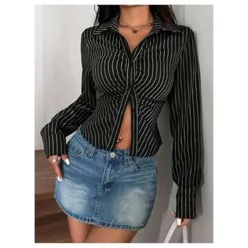 SOLY HUX Women's Long Sleeve Striped Shirts Ruched Bust Split Collared Blouses Tops