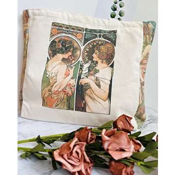 HaoHakka Canvas Tote Bag Aesthetic Vintage, Cute Graphic Trendy Tote Bags with Zipper Pockets Christmas Gifts for Women(Alphonse Maria Mucha)