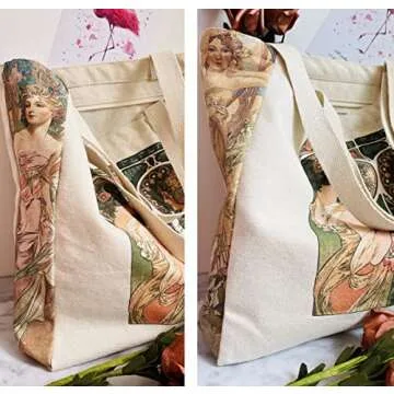 HaoHakka Canvas Tote Bag Aesthetic Vintage, Cute Graphic Trendy Tote Bags with Zipper Pockets Christmas Gifts for Women(Alphonse Maria Mucha)