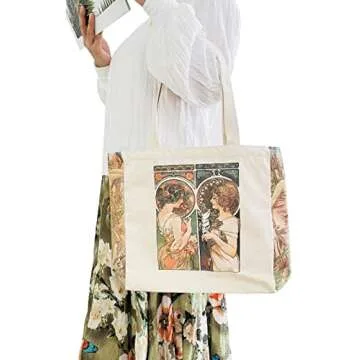 HaoHakka Canvas Tote Bag Aesthetic Vintage, Cute Graphic Trendy Tote Bags with Zipper Pockets Christmas Gifts for Women(Alphonse Maria Mucha)