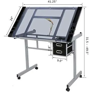 JupiterForce Adjustable Drafting Table Art Desk Drawing Table Versatile Art Craft Work Station Glass Tabletop w/2 Slide Drawers and Wheels for Reading, Writing, Painting Home Office